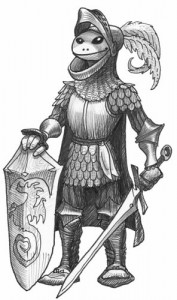 grenouille humanoïde bardée d'une armure de chevalier du moyen-âge