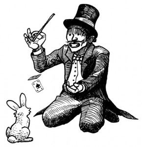 Magicien en queue de pie, haut-de-forme et noeud papillon, avec baguette et lapin récalcitrant