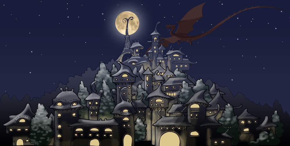 Village magique la nuit : pleine lune et dragon