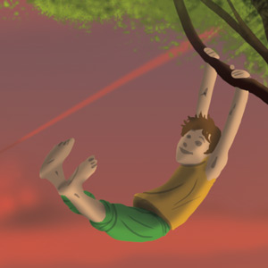 Fête de l'Enfance : enfant en train de se balancer à une branche d'arbre
