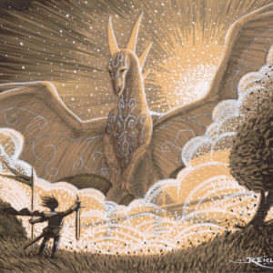 Un Dragon ailé gigantesque se pose. Au milieu des bourrasques déclenchées par ses ailes, se tient un chevalier, pied à terre à côté de sa monture. Il a fiché en terre son étendard, et brandit en signe de paix son épée, lame vers le sol.