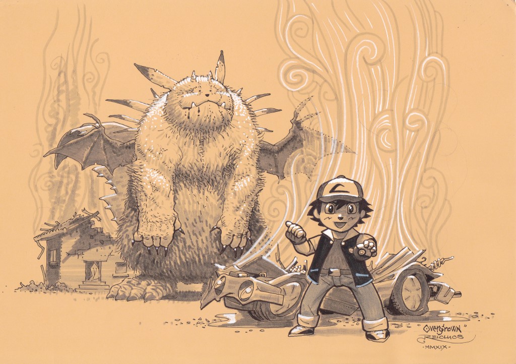 Un célèbre dresseur de Pokémon se tient, l'air enjoué, au premier plan. Derrière lui, un Pikachu gigantesque, à peine reconnaissable, se tient au milieu des ruines fumantes.