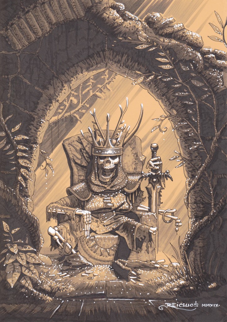 Au milieu des ruines envahies par la végétation, le squelette d'un roi continue de siéger dans un rayon de lumière. Son crâne porte encore la couronne, quelques phalanges s'accrochent encore au pommeau de son épée.